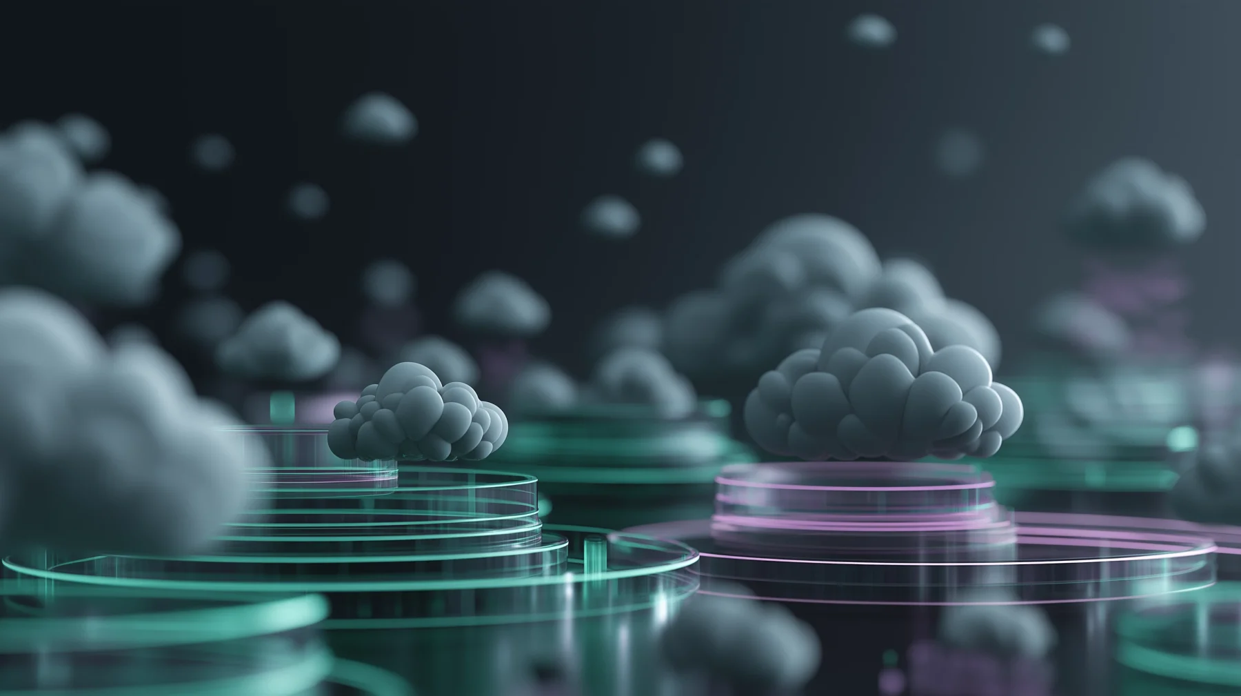 Abstract cloud platforms connected by green and purple light trails, representing cost-effective hybrid cloud computing.