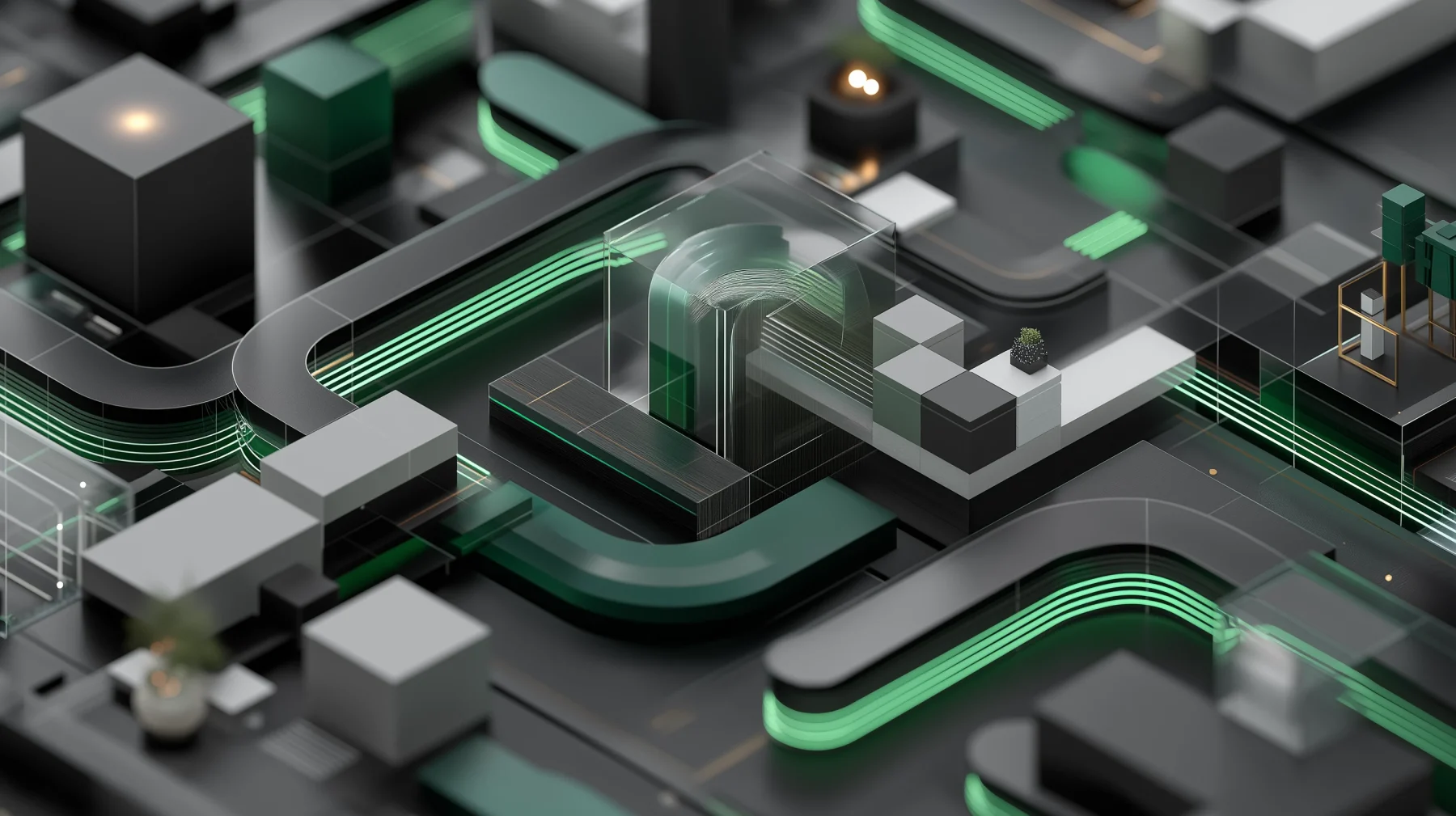 Abstract automated workflow with green illuminated pathways, representing improved efficiency through connected technology and streamlined processes.