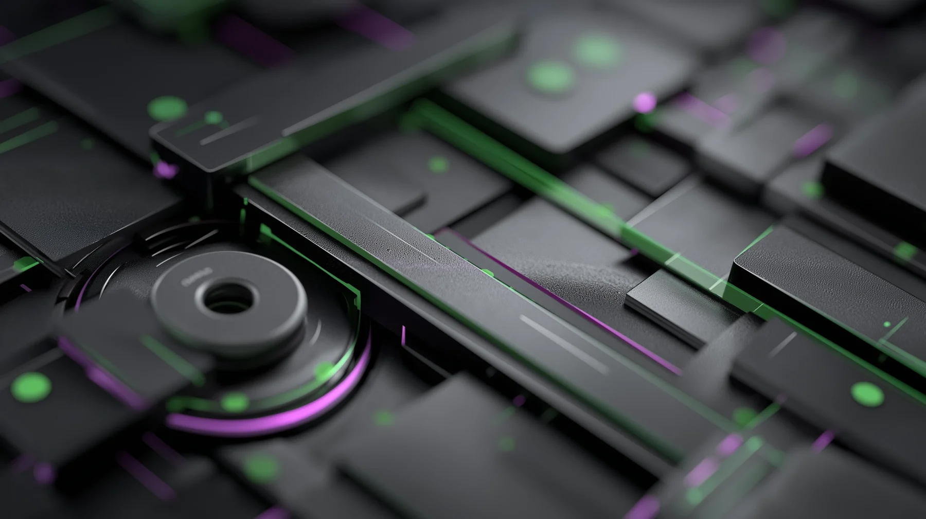Abstract layered cybersecurity controls with green and purple illuminated pathways, representing expert-led protection and secure IT governance.