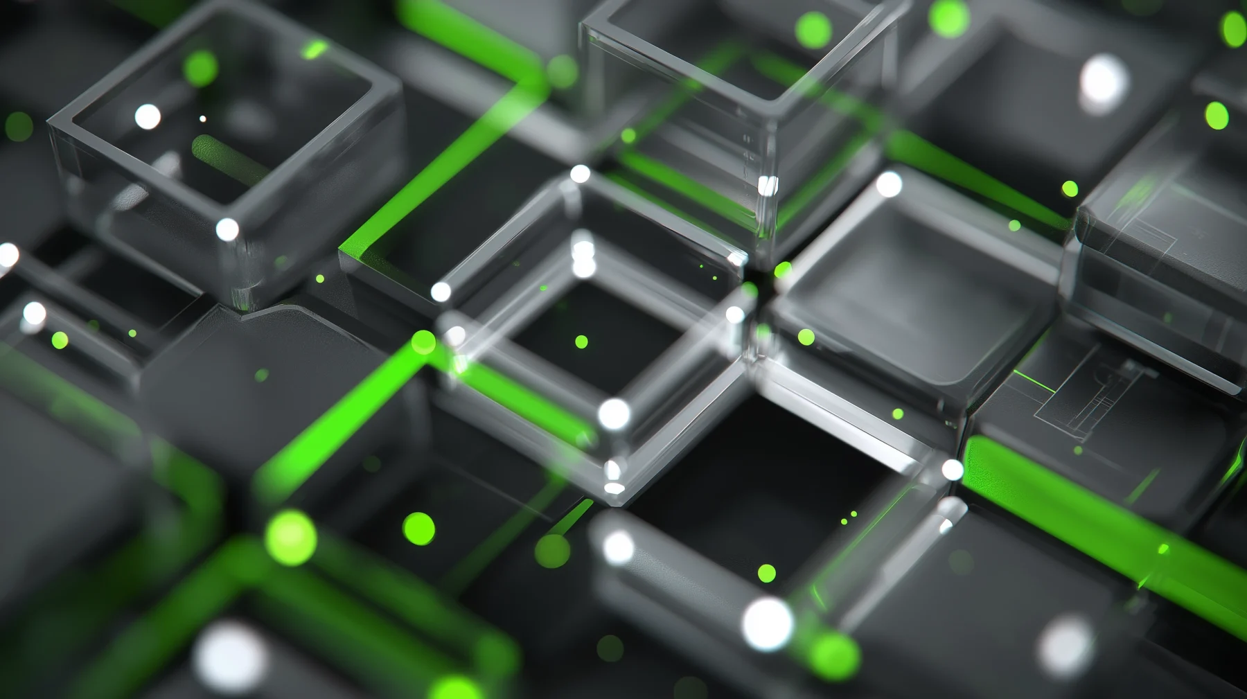 Abstract interconnected digital blocks representing proactive IT monitoring, predictive maintenance and continuous system health management.